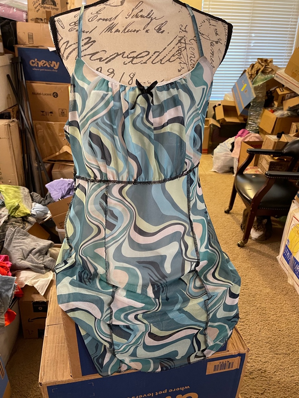Wavy Print Sleeveless Women’s Dress in Teal